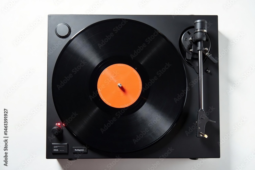 Obraz premium Turntable vinyl record player, white backdrop, vintage, music