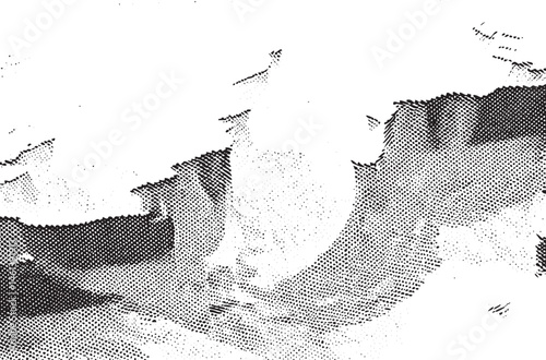 A textured monochrome depiction of a rugged mountain range rises dramatically towards a hazy sky.