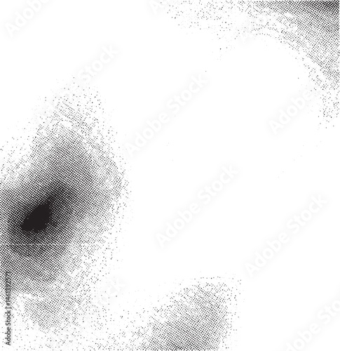 A dark speckled circle dominates a white background with subtle texture.