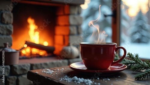 Cozy winter scene, warm fireplace, steaming mug , fireplace, greetings