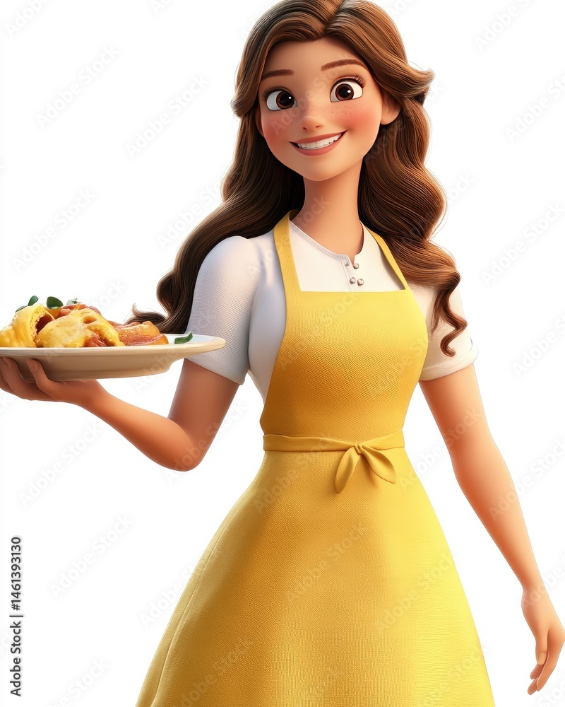 Animated female chef serving food Animated female chef serving food