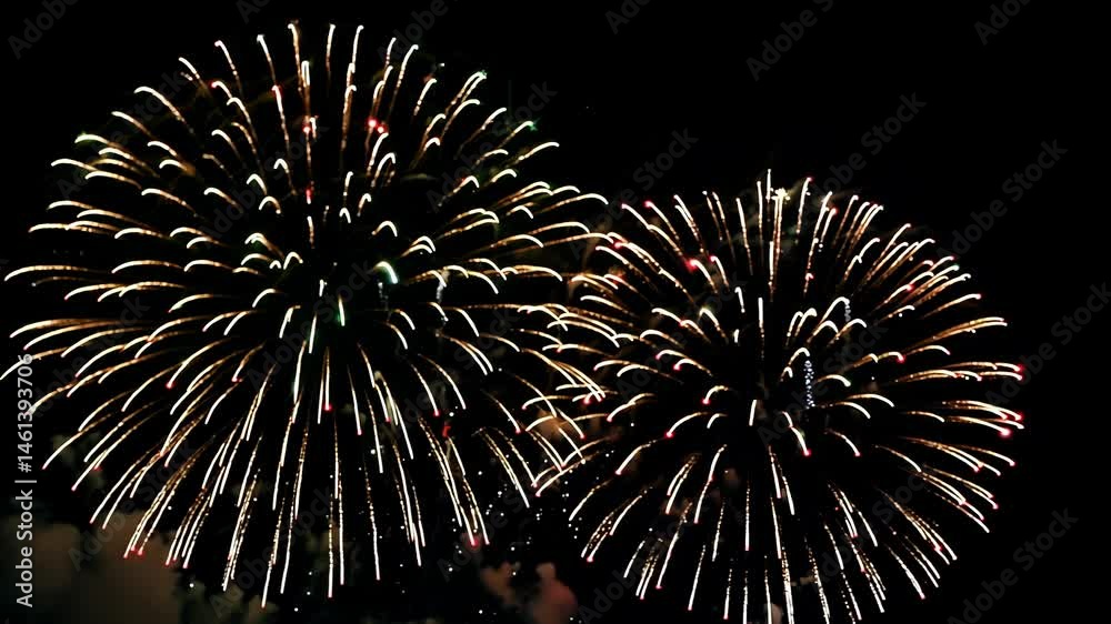 Vibrant red fireworks exploding in the night sky
