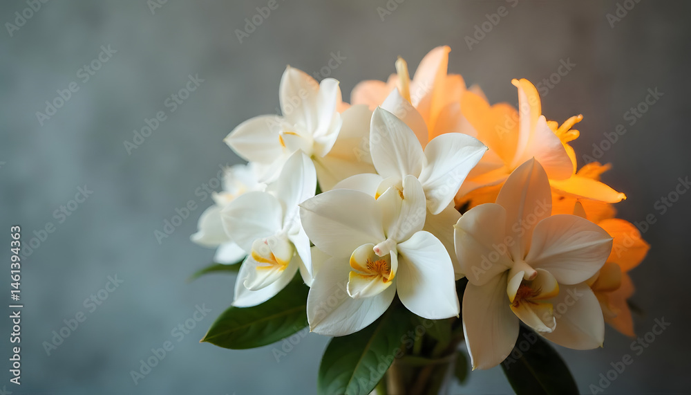 Fototapeta premium Vibrant orchid bouquet featuring white and orange blossoms against soft backdrop
