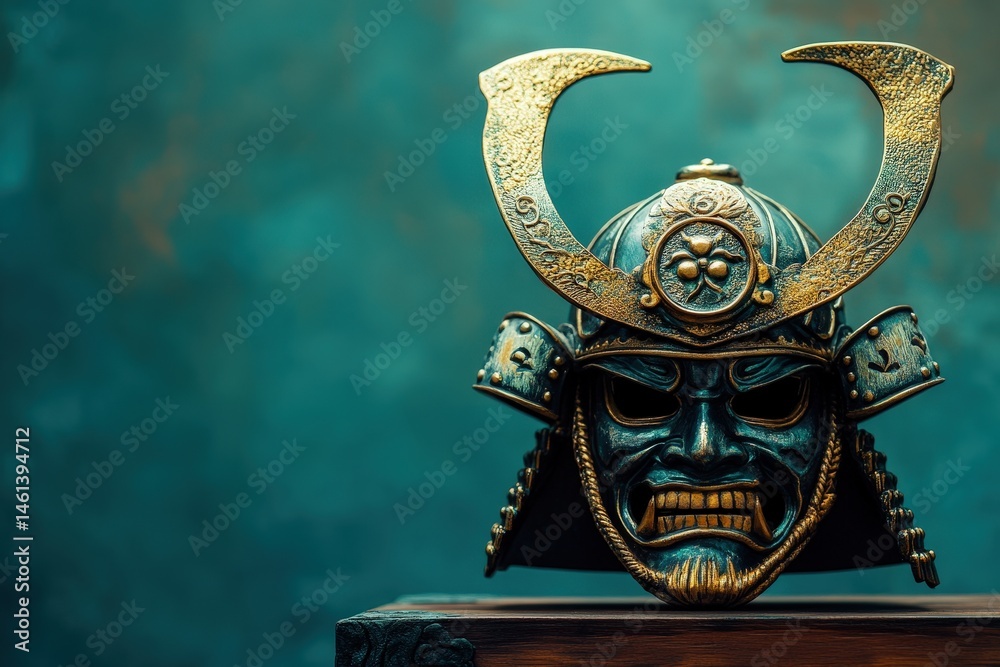 Fototapeta premium Intricate samurai helmet, detailed close-up against teal background.