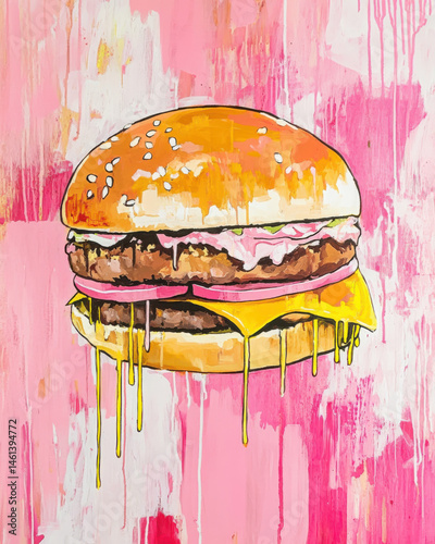 Modern painting of burger, abstract pink wash background with accidental blooms. Modern illustration.