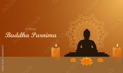 Vector illustration of Buddha meditating in a beautiful mandala calming background. Happy Buddha Purnima.