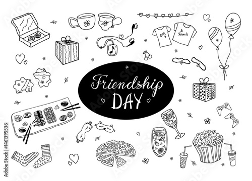Friendship Day doodle clipart. Hand drawn doodle set of written lettering, Best Friends elements, food, drinks, party decoration, symbols of friendship, camaraderie, leisure, hobbies. 