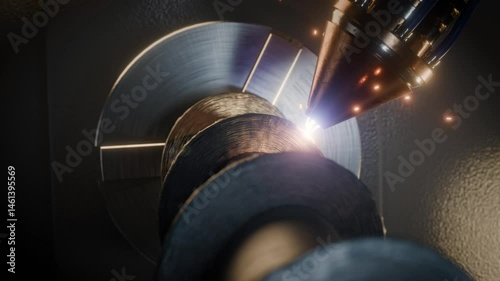 A close-up view of a metal machining process with a laser cutting tool, showcasing precision engineering in action.