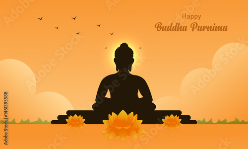 Vector illustration of Buddha meditating in a beautiful calming background. Happy Buddha Purnima.