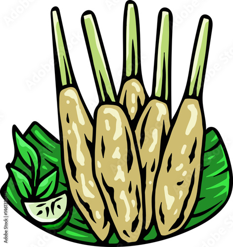 Sate Lilit Illustration with Lemongrass Skewers