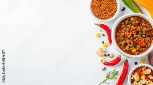 Chili toppings arranged on a white powerpoint background offe ample copy space for presentations now please.