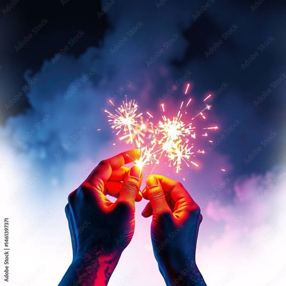 Hands Holding Sparklers Against a Dramatic Sky