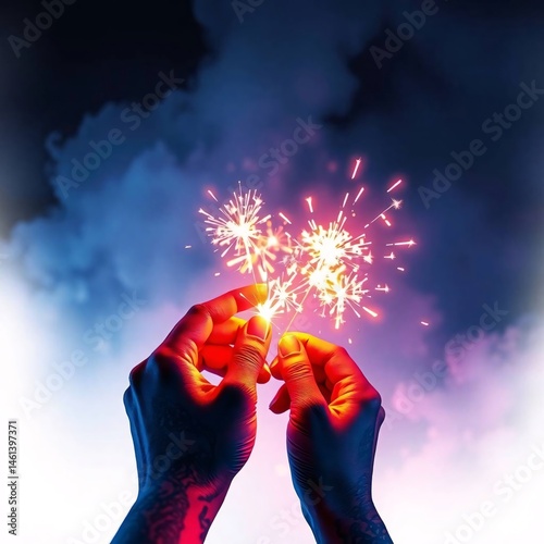 Obraz na płótnie Hands Holding Sparklers Against a Dramatic Sky w salonie