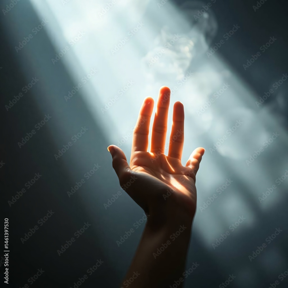 Hand Reaching for Light in Smoky Atmosphere.