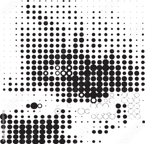 A dense of black and white circles forms a stylized abstract portrait.