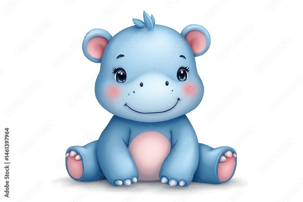 Naklejka premium Adorable Cartoon Blue Hippo Illustration with Pink Accents, Smiling, Isolated on a Clean White Background, Suitable for Children's Designs. 