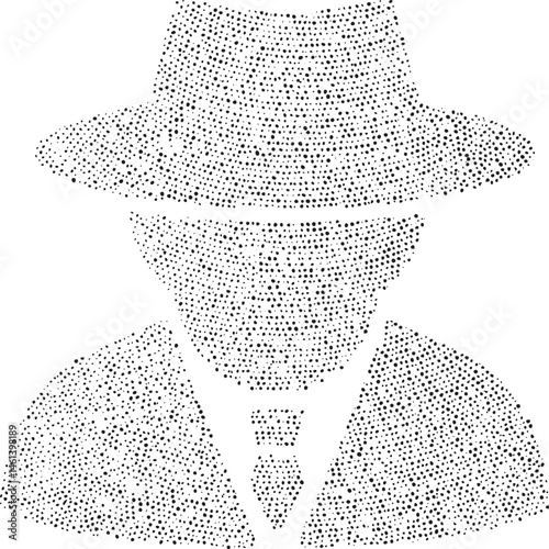 A stylized silhouette of a man wearing a hat and suit.
