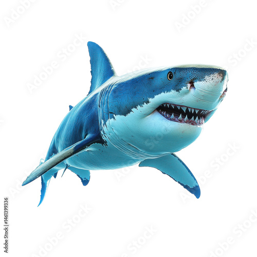 Great white shark swimming in ocean waters marine life perspective. Isolated on transparent background, png.