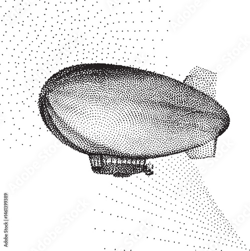 A black and white depicts a vintage airship floating against a speckled background.