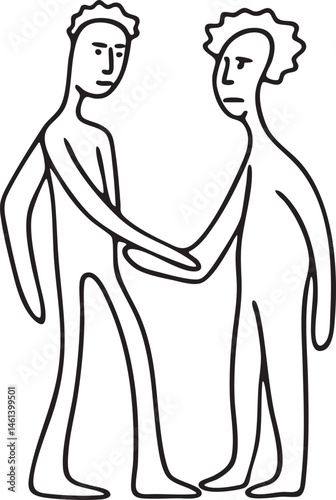 Two figures stand closely together linking hands in a gesture of unity.