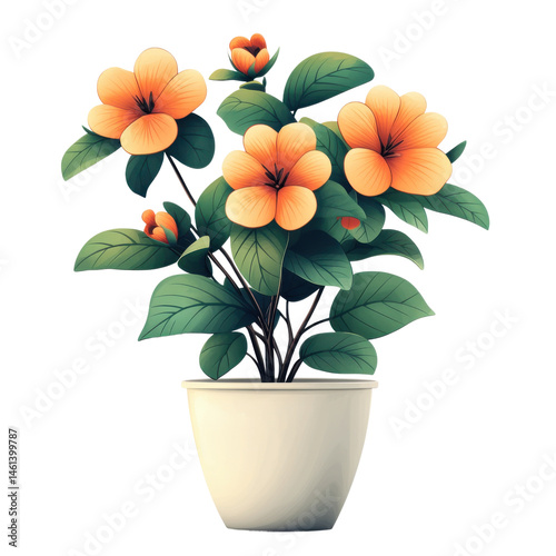 Blooming orange flowers in pot indoor plant nature close-up. Isolated on transparent background, png.