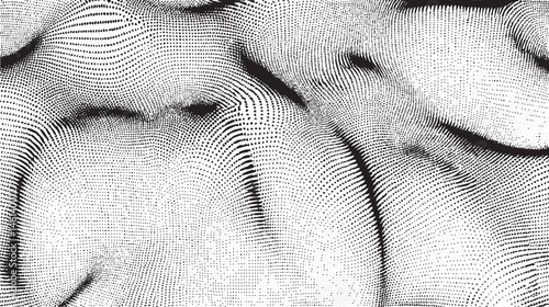Multiple close-up portraits of faces rendered in a textured dot