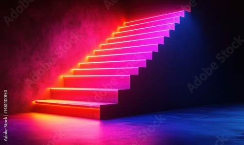 Neon illuminated staircase with vibrant pink and blue lighting effects