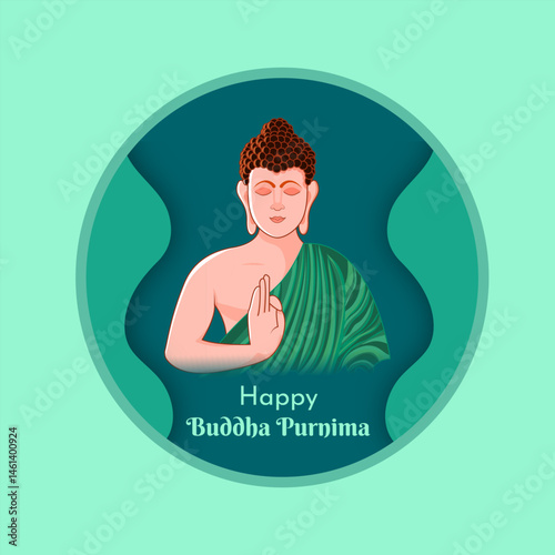 Paper cut origami art concept Vector illustration of Buddha meditating. Happy Buddha Purnima.