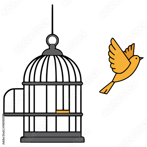 yellow bird get out from the cage flat color vector illustration template design