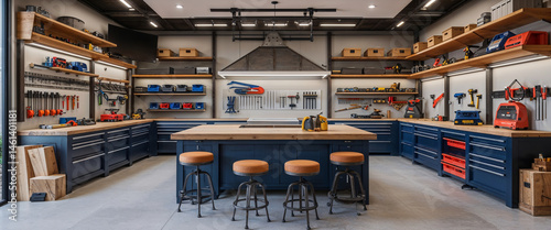 Well organized workshop interior featuring tools workbenches and storage solutions