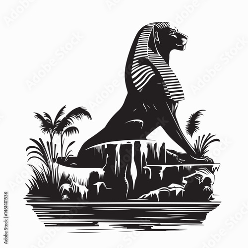 The Great Sphinx Vector. Profile Of The Great Sphinx Landscape With Ruined Statue illustration.
