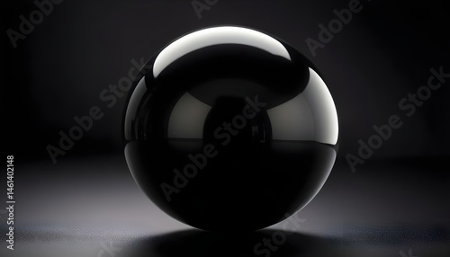 A perfectly spherical, glossy black object sits against a dark background, emphasizing its reflective surface.