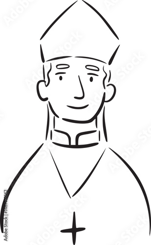 A young man wears a religious hat and clerical collar.