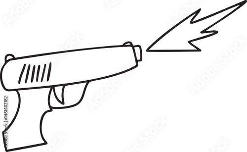 A black outline of a handgun fires a white energy bolt.