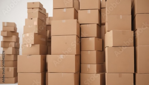 Neat stack of brown cardboard boxes on white background , recycling, reduce, texture