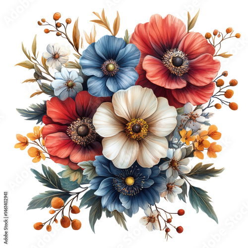 Floral arrangement with vibrant anemones nature artwork close-up view. Isolated on transparent background, png.