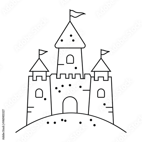 Simple Line Drawing of a Sandcastle with Flags