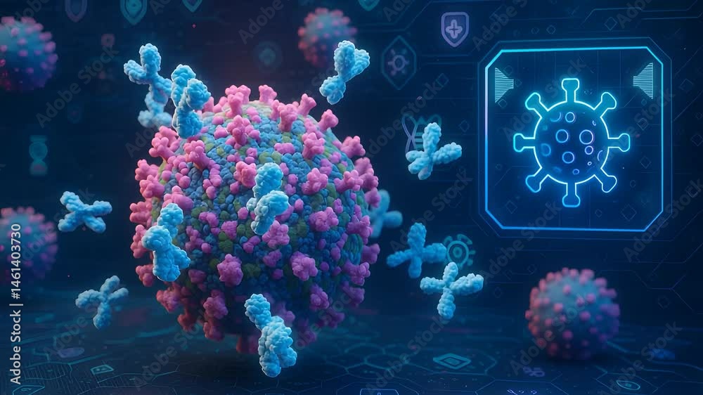 Microscopic Virus Model with Antibodies and Digital Immune Defense System Illustration Concept

