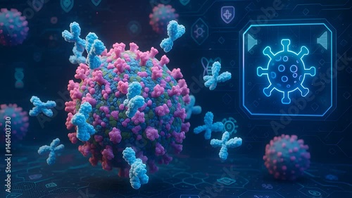Microscopic Virus Model with Antibodies and Digital Immune Defense System Illustration Concept


