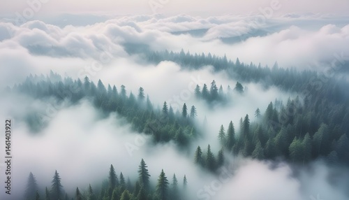 A breathtaking aerial view showcasing foggy forest scenery, clouds surrounding trees, and nature.
