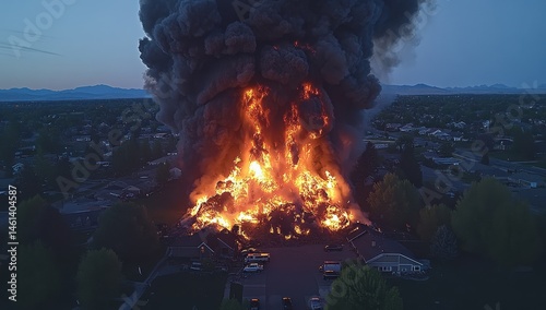 Aerial view of a large residential fire at twilight Thick, dark smoke billows high into the sky, engulfing multiple structures Intense flames rise from the buildings
