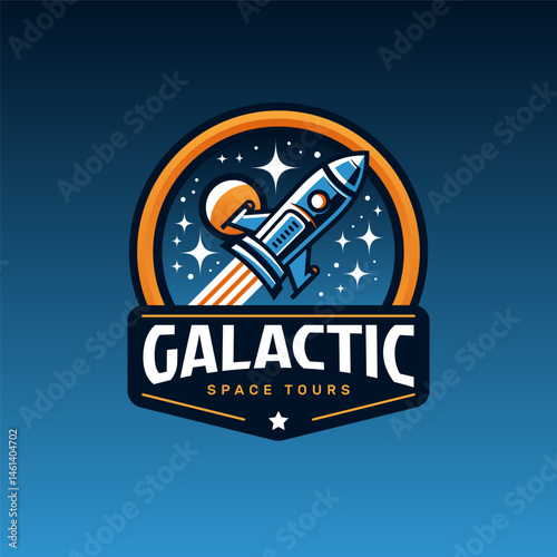 Galactic space tours logo with rocket ship and stars in retro badge style for futuristic branding and sci-fi projects 
