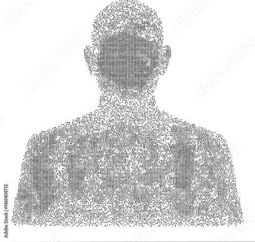 A grayscale portrait of a man's head and shoulders is formed from numerous tiny dots.