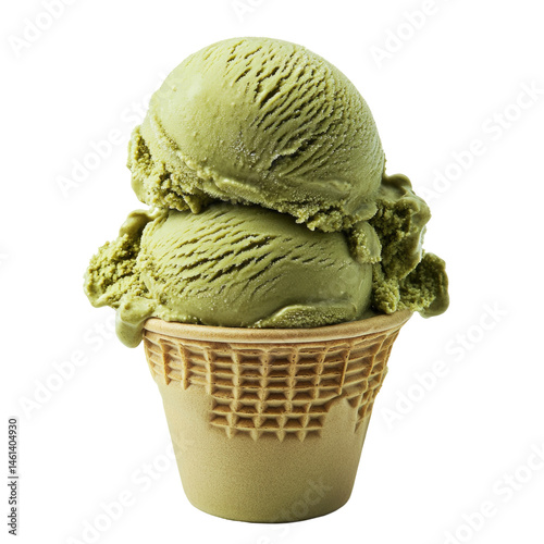 Two scoops of vibrant green matcha ice cream in a waffle cone