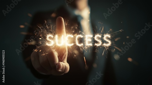 owerful Business Concept Image of a Man Pointing Toward the Word “SUCCESS” Written in Sparkling Light