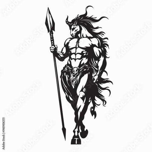 Majestic Horse-Faced Human Figure Standing Proudly While Holding a Spear in His Hand