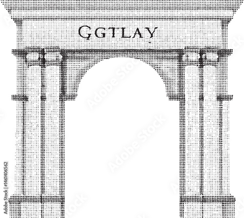 A weathered stone archway displays the name 'GGTLAY' above a classical