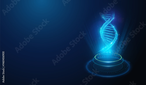 Low Poly Human DNA Holographic Projection. Abstract vector illustration depicting genetic testing for ancestry, genealogy research, gene engineering medical concept on blue background with copy space