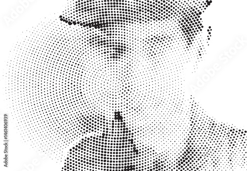 A stylized portrait emerges from a dense field of dark and light dots.