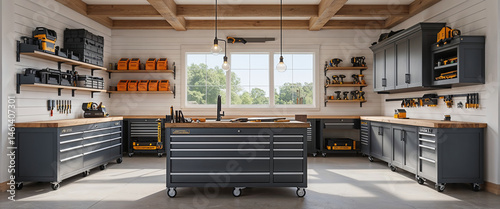 Well-organized workshop interior featuring tools and equipment storage space